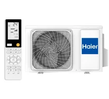 Poza telecomanda si blocul exterior Haier Flexis 9000 BTU alb mat 